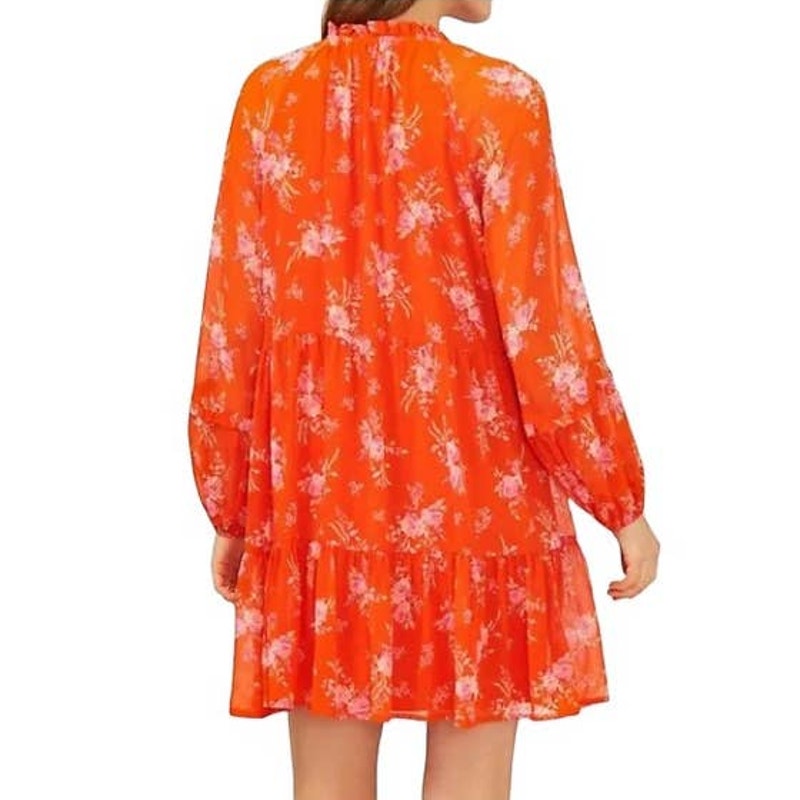 NWT VINCE CAMUTO Floral 3 Tier Lined Orange Pink Mini Dress ~ Womens Size MEDIUM