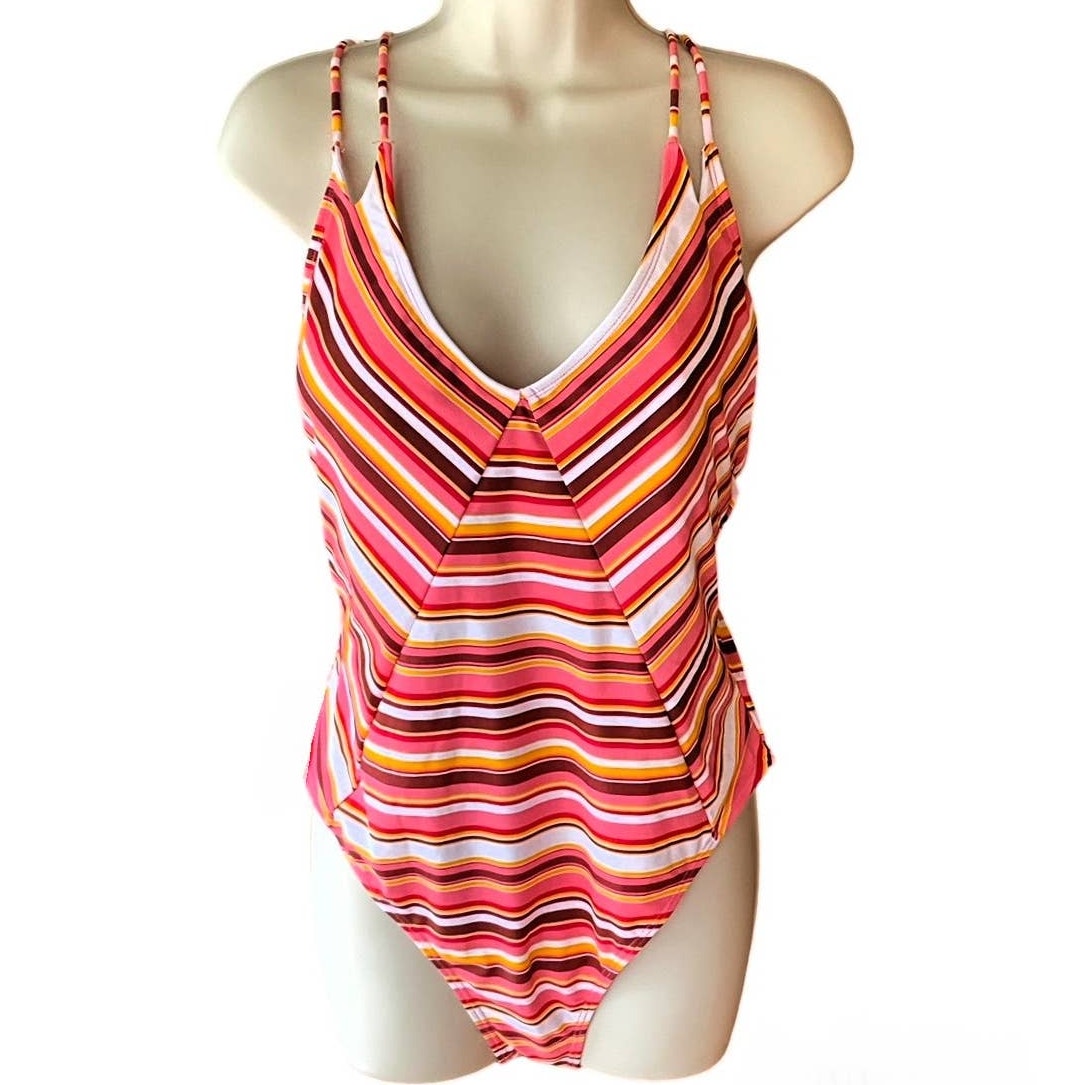 NWT ~ NOBO NO BOUNDARIES Coral Orange Striped Swimsuit ~ Women's Juniors 15 / 17