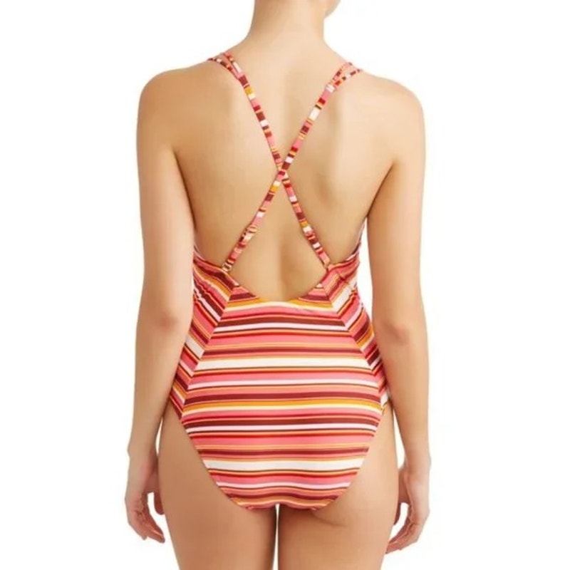 NWT ~ NOBO NO BOUNDARIES Coral Orange Striped Swimsuit ~ Women's Juniors 15 / 17