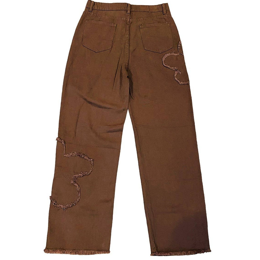 NWT ~ Brown Raw Edge Hem & Frayed Flowers Denim Jeans Pants ~ Women's MEDIUM